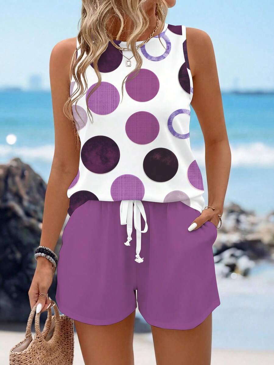 2pcs/Set Women's Casual Polka Dot Pattern Round Neck Camisole And Shorts Set, Suitable For Summer Women Two Pieces Shorts Set Suitable For Going Out,Casual - Multicolor - View 1