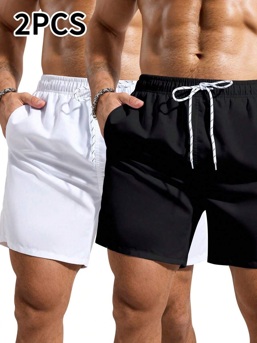 Manfinity Swimmode Quần short đi biển nam màu trơn, kiểu dáng thường ngày. - Đen và trắng - Xem 1