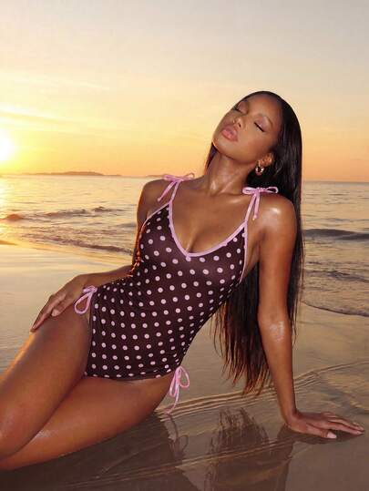 Bonvoyette Swim Mod-D Women's Polka Dot Random Print Spaghetti Strap Tie Front One-Piece Swimsuit, Spring/Summer