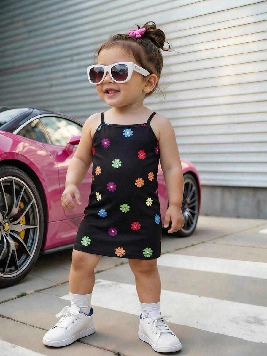 Bubblio 女婴与妈妈同款无袖针织碎花修身连衣裙（两件套，分开出售） - 黑色 - 查看 1