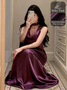 DAZY Elegant Satin Sleeveless Long Nightgown With Scarf Decor, Summer - Purple - View 1