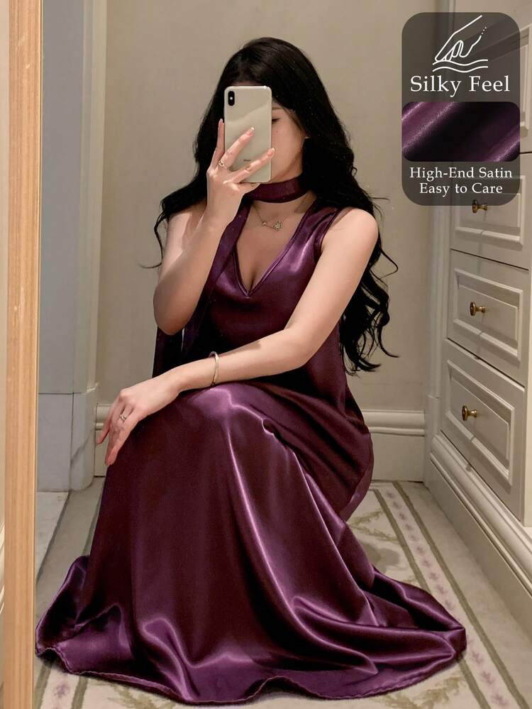 Elegant Satin Sleeveless Long Nightgown With Scarf Decor, Summer