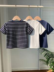 SHEIN 3件装男童休闲时尚经典条纹、纯色、印花舒适短袖T恤，适合春夏穿着，居家、户外活动、兄弟装、复活节彩蛋、复活节礼物、复活节兔子图案。 - 彩色 - 查看 3
