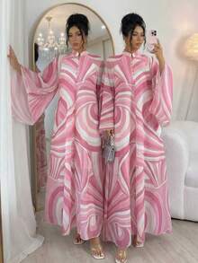 Rafferiza 女士阿拉伯风格长款连衣裙，女士纱丽，雪纺印花几何波浪图案，宽松立领喇叭袖A字裙摆，优雅适合假日、派对、正式场合，复古、端庄、浪漫、休闲，春夏皆宜。 - 粉色 - 查看 2