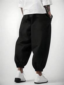 Manfinity Dauomo Plus Size Men's Fashionable Versatile Solid Color Drawstring Sweatpants - Black - View 2
