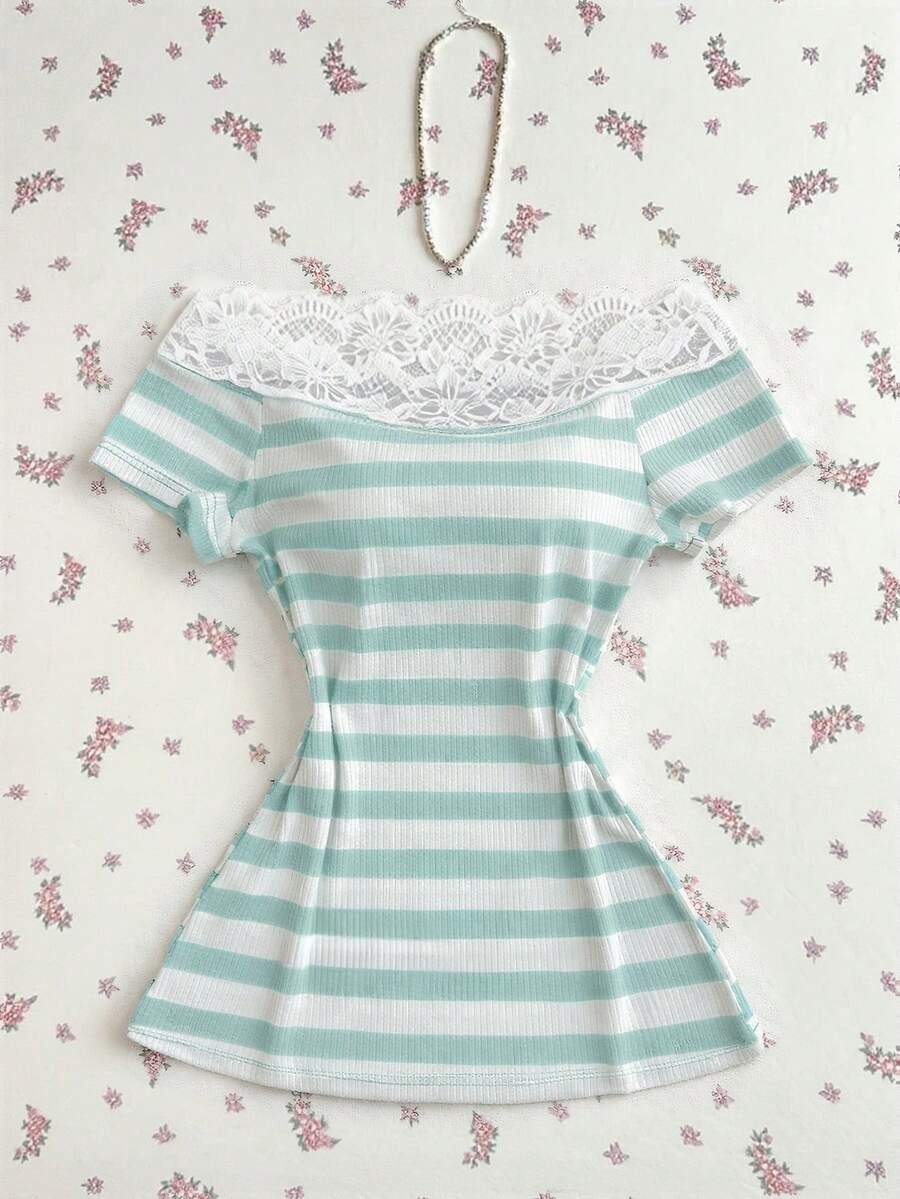 Mori Grove Mori Grove Women's Casual Lace Patchwork Striped Off-Shoulder Short Sleeve T-Shirt, Suitable For Daily Commute - Green - View 1
