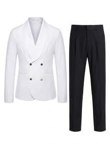 Manfinity Bizformal 男士商务正装披肩领双排扣西装套装，适合工作、婚礼等场合。 - 白色 - 查看 4