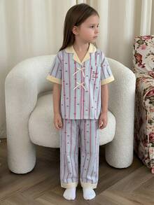 DAZY Tween Girl Striped Cherry Print Bow Decor Short Sleeve Top And Pants Pajama Set - Blue - View 3