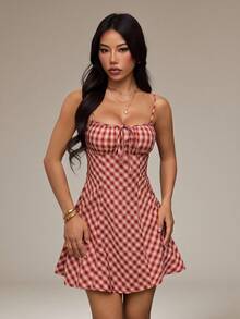 SHEIN PETITE 红色格子系带迷你连衣裙（女款） - 彩色 - 查看 4
