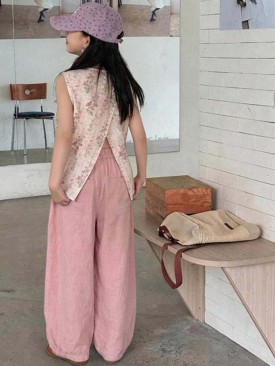 Bộ áo và quần không tay họa tiết hoa nhí cho bé gái tuổi teen, trang phục mùa thu. - Hồng - Xem 1
