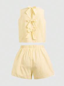 SHEIN Tween Girls Blue And White Stripe,Summer,Cute,Vacation Butterfly Back Tank Top & Shorts Co-Ord Set,2 Piece Textured Fabric Yk2k Youth Kids Outfits - Yellow - View 4