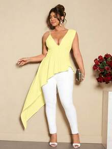 Cravure Plus Size Women's Spaghetti Strap V-Neck Ruched Asymmetric Hem Elegant Blouse - Yellow - View 8