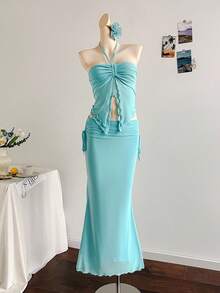 SHEIN 少女时尚休闲针织露背上衣和迷你裙套装 - 藍色 - 查看 10