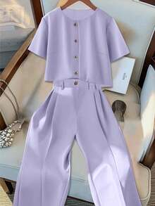 Plus Size Elegant Commuter Solid Color Top And Pants 2 Pieces Set, Summer - Purple - View 1