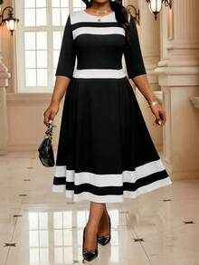SHEIN Lady 大码女士条纹圆领七分袖优雅中长连衣裙 - 黑與白 - 查看 4