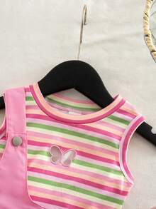 SHEIN Cute Summer Pink Striped Baby Girl Set,Knitted Butterfly Top & Suspender Skirt,Casual Baby Overalls For Vacation Outings - Hot Pink - View 8