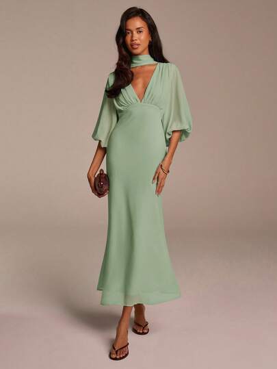 COSMINA Robe longue élégante en mousseline de soie bleu clair avec col en V profond, manches bouffantes à volants et jupe évasée. Robe décontracté, élégante et gracieuse pour les vacances, les fêtes, les mariages et les demoiselles d'honneur