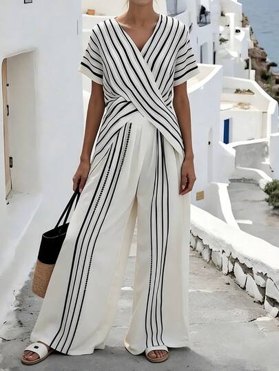 EMERY ROSE Conjunto de 2 piezas elegante y casual a rayas para mujer de talla grande