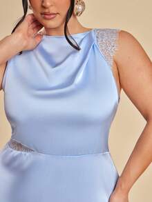 SHEIN BAE Đầm dài bằng satin phối ren thanh lịch - Màu xanh lam - Xem 6