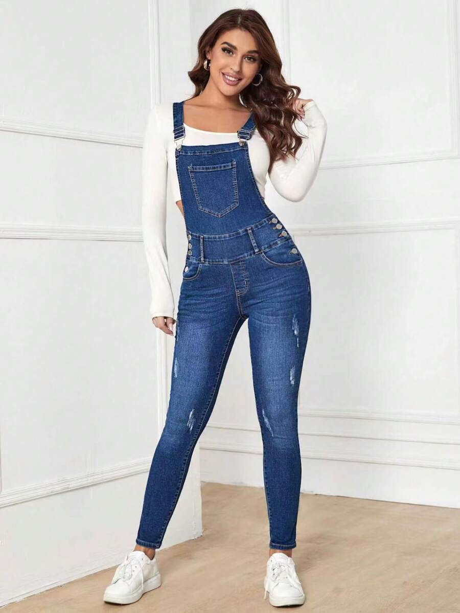 Flexra 破洞補丁口袋牛仔連身褲 - 深色水洗藍 - 查看 1