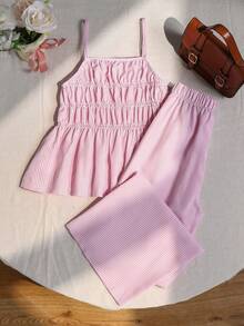 SHEIN Sparklyn Bộ trang phục mùa hè cho bé gái: Áo hai dây kẻ sọc và quần ống đứng. - Hồng - Xem 2