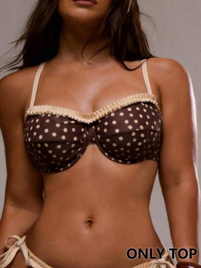 Swim Mod Plus Size Polka Dot Contrast Color Sexy Elegant Spaghetti Strap Bikini Top, Paired With Ruffle Trim Top, Underwire Push-Up Design, Suitable For Beach Vacation