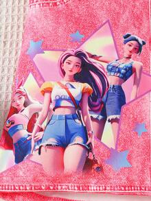 SHEIN 小女孩可爱独角兽卡通牛仔效果休闲裙 - 玫紅色 - 查看 3