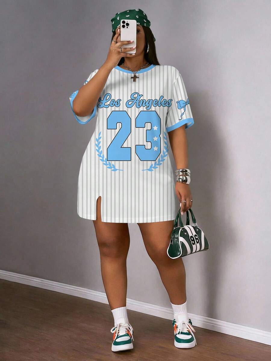 SHEIN Slayr 休闲简约蓝色芭蕾舞裙风格甜美蝴蝶结条纹字母28图案印花时尚街头风大码女装连衣裙，运动休闲，针织衫 - 彩色 - 查看 1