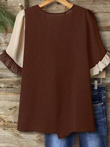 Linhara Plus Size Women's Minimalist Dual-Color Button Detail Ruffle Hem Blouse, Ladies' Summer Top - Brown - View 2