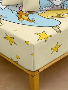 TOM & JERRY X SHEIN Bộ 3 món nệm in kỹ thuật số, mềm mại và ấm áp, thoải mái và thoáng khí, nhiều kích cỡ, phù hợp với giường đơn/giường đôi/giường cỡ Queen/giường cỡ King, có thể giặt máy (1 nệm + 2 vỏ gối) - Màu vàng - Xem 5