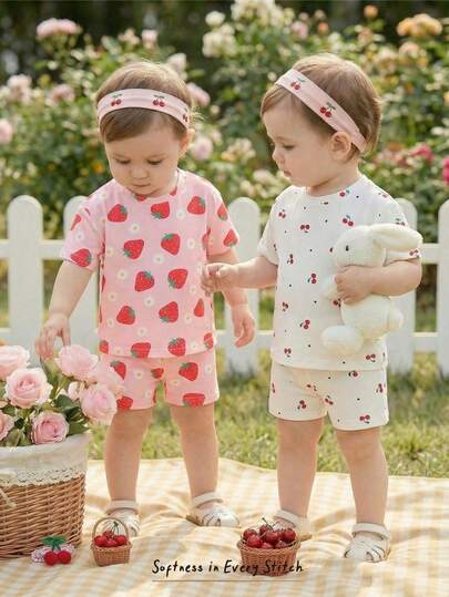 Cozy Pixies 4pcs Baby Girl Floral Print Knit Soft Round Neck Short Sleeve Top And Elastic Waist Shorts Set,Kids