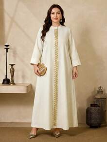 Al Najma Plus Size Women's Turkish Maxi Dress Arabic Traditional Abaya Birthday White Summer Modest - Apricot - View 4