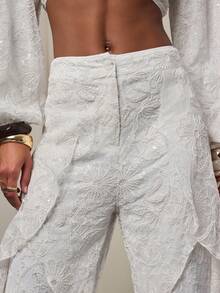 NYA SZN Women's Elegant White Autumn 2 Pieces Set,Long Sleeve Crop Top And High Waist Wide Leg Pant,Seductive Sequin Lace Floral Party Night Wedding Outfits - White - View 4