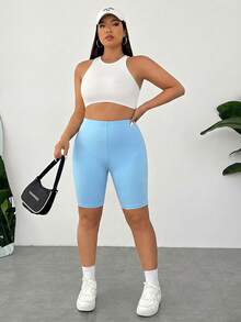 SHEIN EZwear 大码女式纯色休闲百搭日常修身短裤 - 藍色 - 查看 6