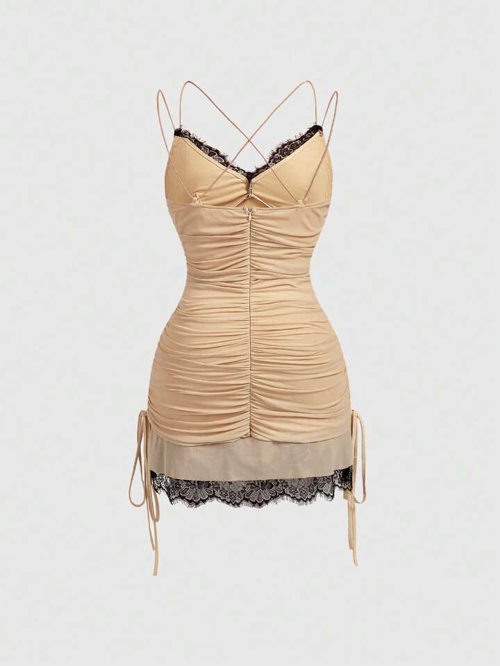 sexy beige dress Georgia Peach Criss-Cross Back Ribbed Bodycon Mini Dress Beige