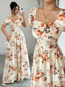 Elenzga Women's Floral Print Square Neck Puff Sleeve Ruched Waist Romantic Elegant Casual Commute Date Party Dress, Spring/Summer - Multicolor - View 1