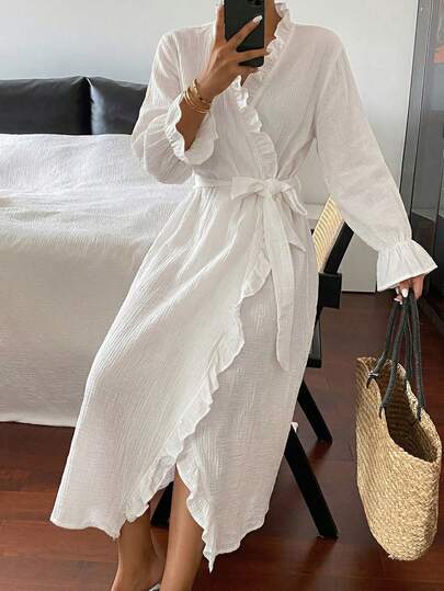 DAZY Bata de mujer con volantes en el bajo y cierre envolvente, para pijama de otoño e invierno, atuendo acogedor