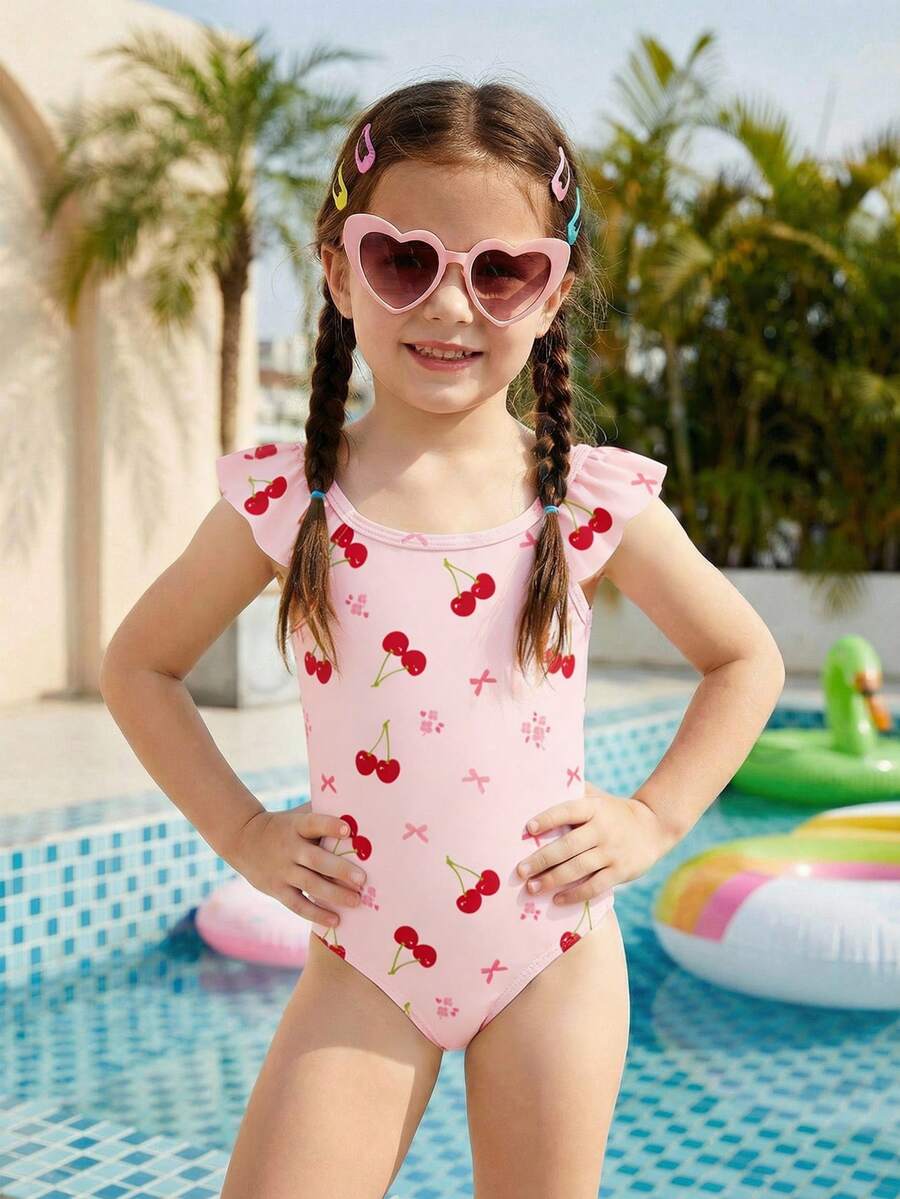 SHEIN 少女可爱复古樱桃印花荷叶袖连体泳衣，适合春夏游泳和度假 - 彩色 - 查看 1