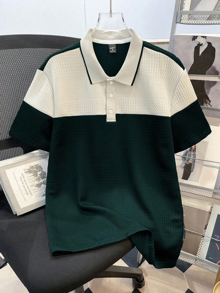 Manfinity Joysei Men's Casual Everyday Contrast Color Quarter Button Short Sleeve Polo Shirt, Summer - Multicolor - View 1