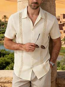 VENTUSAIL 男士夏季纯色蕾丝拼接单排扣休闲衬衫 - 卡其色 - 查看 7