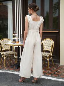 Momance 荷叶边装饰孕妇连体裤，细肩带，蝴蝶结腰带，侧拉链，直筒裤型，纹理面料 - 米色 - 查看 2