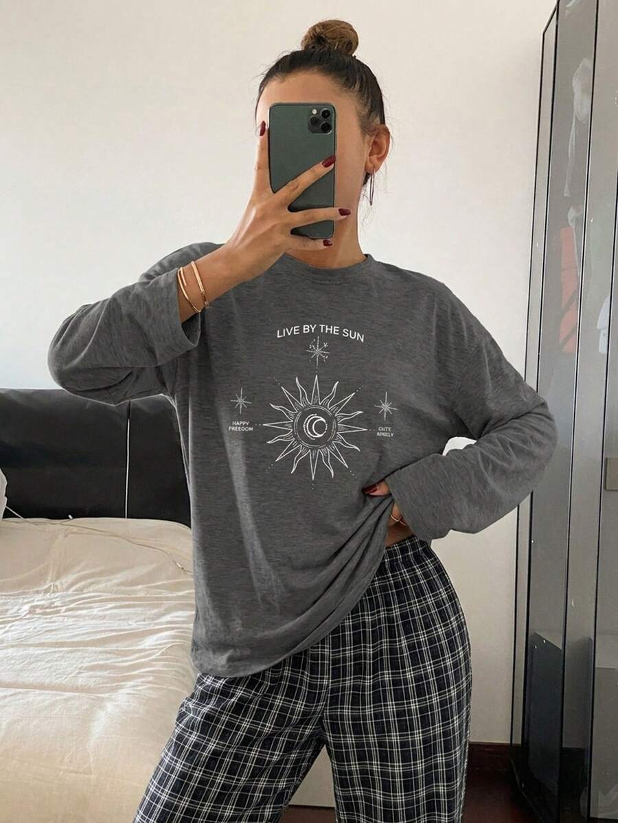 DAZY 2pcs Women Loose Comfortable Printed Long Sleeve T-Shirt And Plaid Pants Pajama Set, Winter Clothes - Dark Grey - View 1