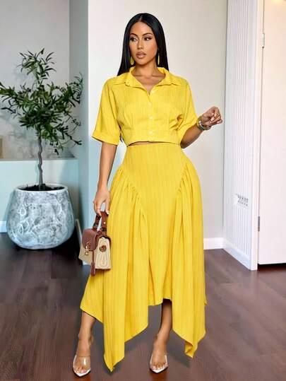 SOLERSUN Women's Stylish Solid Color Cropped Fitted-Waist Blouse With Lapel & Pleated Rolled Short Sleeves, Perfect For Daily Commute, Beach Holidays And Bali Vacations.