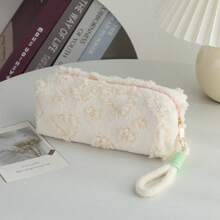 1 PC Heart Embossed Plush Cosmetic Bag, Cute & Stylish Large-Capacity Storage Bag, Multi-Functional Student Pencil Case & Sundries Organizer, Zippered Large-Opening Portable Travel Bag With Wrist Strap, Ideal For Women & Girls, Perfect For Daily Use & Back-To-School - Multicolor - View 8