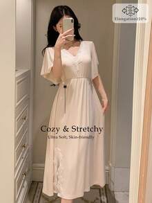 DAZY Áo ngủ nữ dài ngang gối, chất liệu dệt kim mềm mại, phối ren tinh tế, thắt eo, thích hợp cho mùa hè. - Màu be - Xem 3