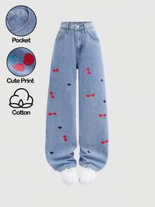 Girlism Teen GirlCherry Heart Pattern Loose Blue Denim Pants - Light Wash - View 1