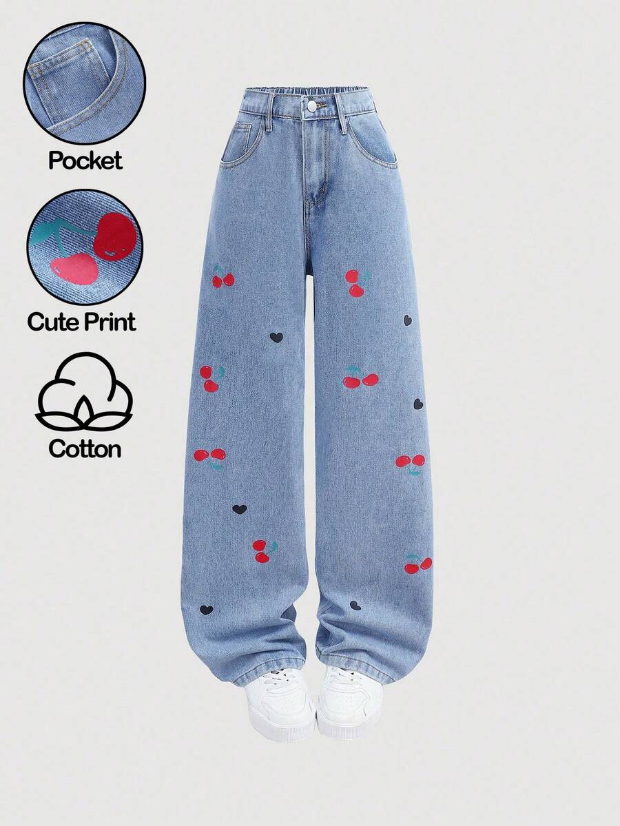 Girlism Teen GirlCherry Heart Pattern Loose Blue Denim Pants - Light Wash - View 1