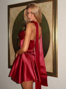 Vowa Vestido bandeau fruncido de unicolor para mujer, adecuado para fiestas de solteros, bodas, graduaciones, vacaciones, bailes de graduación - Rojo - Ver 7