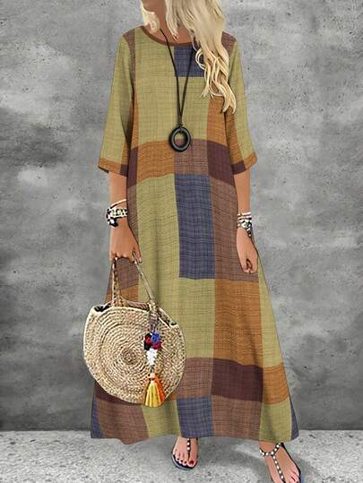 EMERY ROSE Đầm midi dáng rộng tay lửng in họa tiết khối màu cỡ lớn dành cho nữ, thích hợp mặc thường ngày.