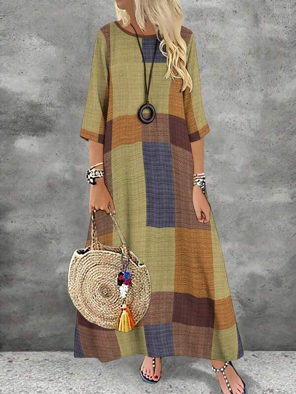 EMERY ROSE Đầm midi dáng rộng tay lửng in họa tiết khối màu cỡ lớn dành cho nữ, thích hợp mặc thường ngày.